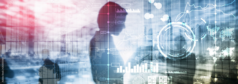 Business intelligence BI Key performance indicator KPI Analysis dashboard transparent blurred background.