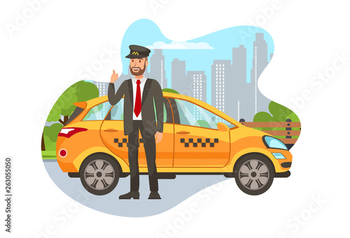 Taxi Driver with Car Isolated Cartoon Character