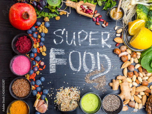 Super food selection. Various super foods and healthy foods, Detox, Fiber rich food