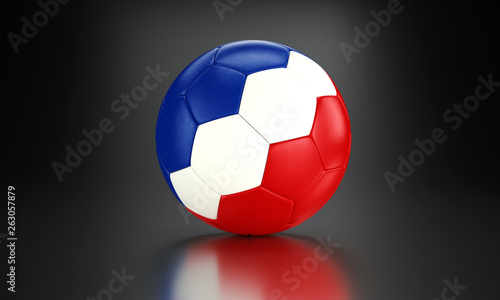 Football 3d concept. Ball with national flag of France in the black metallic studio.