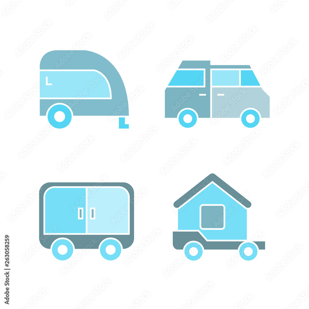 recreational vehicle, camper car icons, blue theme