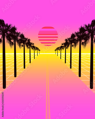 Synthwave illustration with dream road, grid and palms.