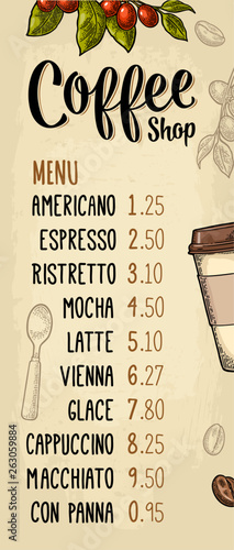Restaurant or cafe menu coffee drinck with price.