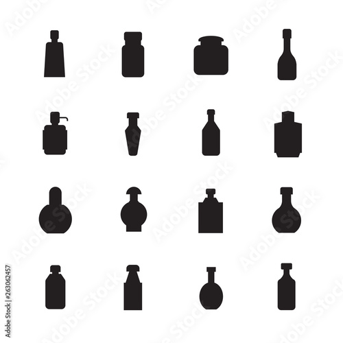 black bottle packaging icons vector set