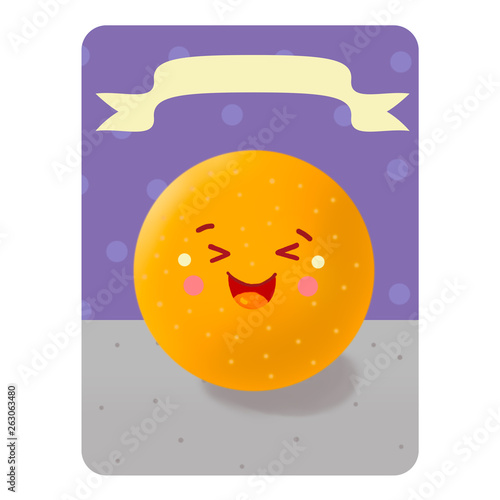 Kavai Orange. Illustration. Orange on a purple background with circles  with a ribbon without a name on the table. Colorful Fruit Card Game. Children will easily remember the names of the fruit. photo