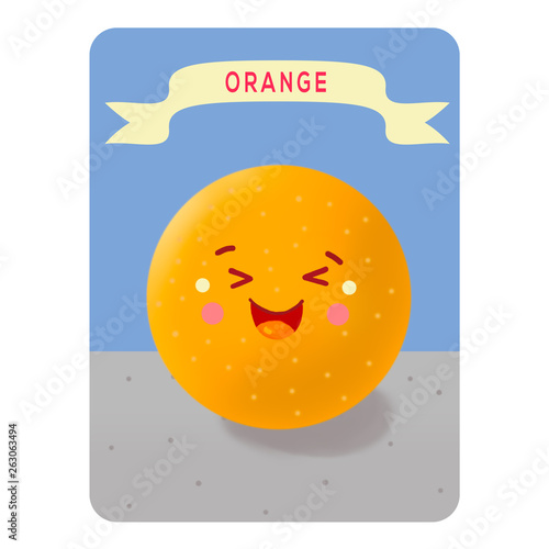 Kavai Orange. Playing card.  Illustration. Orange on a biue background  with the name on the table. Colorful Fruit Card Game. Children will easily remember the names of the fruit.