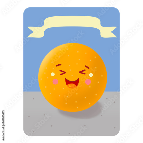 Kavai Orange. Illustration. Orange on a biue background  with a ribbon without a nameon the table. Colorful Fruit Card Game. Children will easily remember the names of the fruit.