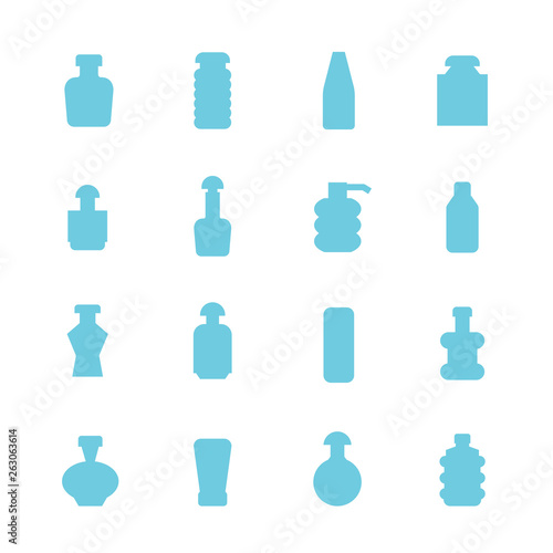 blue bottle packaging icons set