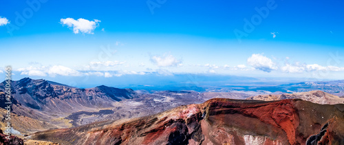 Panorama Krajobrazowy widok piękny Tongariro skrzyżowanie ślad na pięknym dniu z niebieskim niebem, Północna wyspa, Nowa Zelandia.