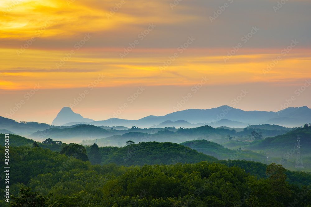 View point Samed Nang Chee Landmark in the Andaman sea and Phangnga Thailand On the forest among the valleys At sunrise in the morning When the sky is golden
