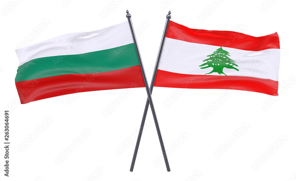 Bulgaria and Lebanon, two crossed flags isolated on white background. 3d image