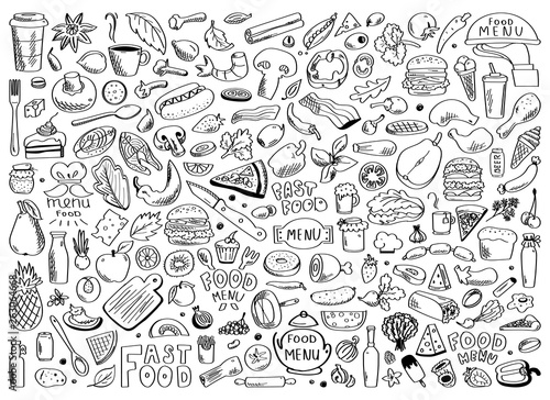 Hand drawn set of healthy food ingredient doodles with lettering in vector