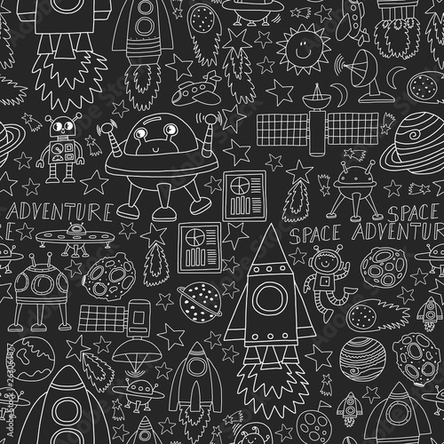 Vector set of space elements icons in doodle style. Painted, colorful, pictures on a piece of paper on white background. seamless.