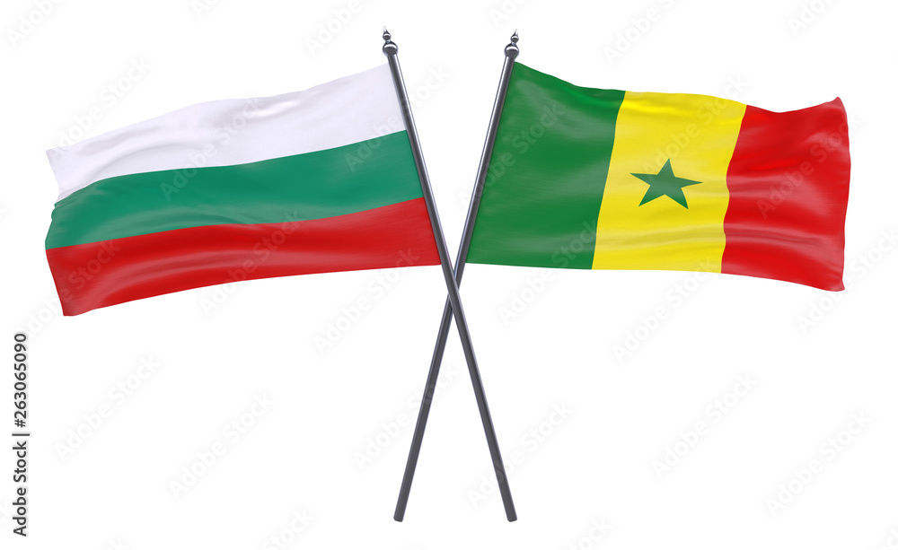 Bulgaria and Senegal, two crossed flags isolated on white background. 3d image Bulgaria and Senegal, two crossed flags isolated on white background. 3d image