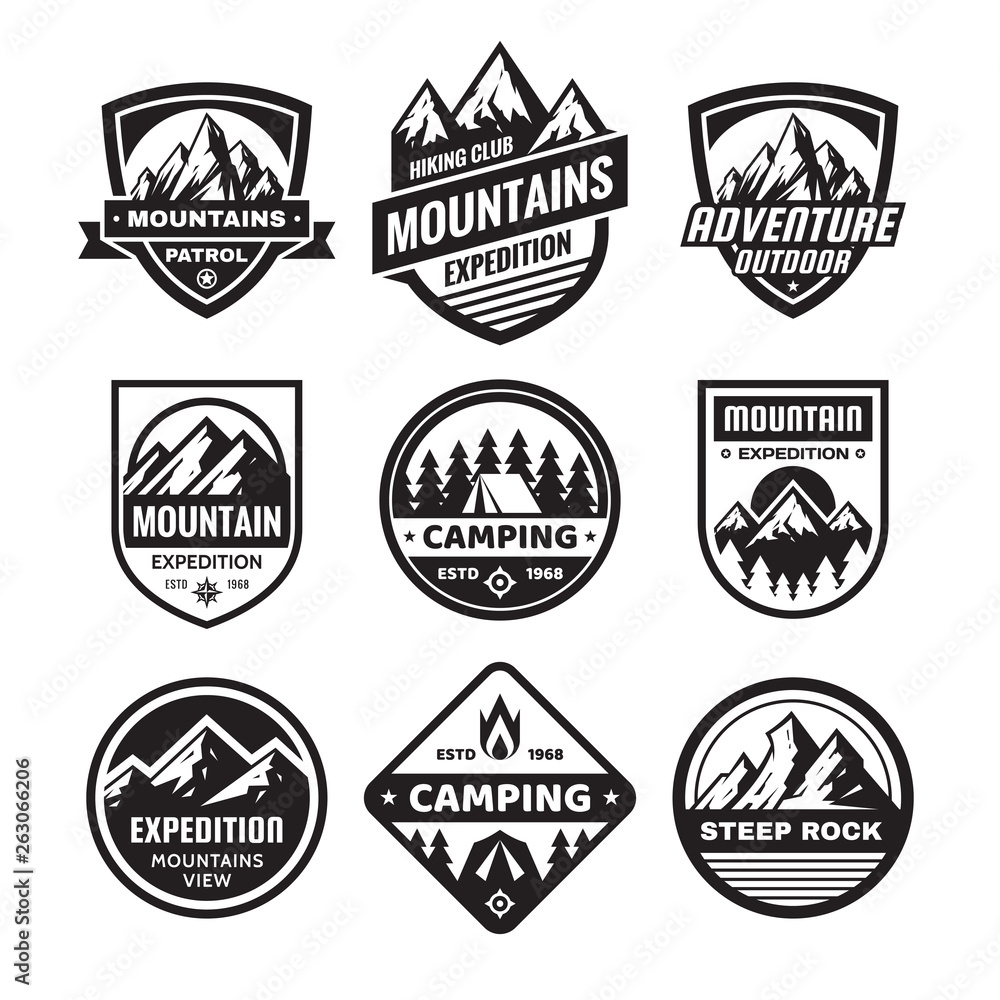 Set of adventure outdoor concept badges, camping emblem, mountain climbing logo in flat style. Exploration sticker symbol. Creative vector illustration. Graphic design in black and white colors.  