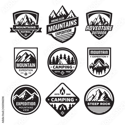 Set of adventure outdoor concept badges, camping emblem, mountain climbing logo in flat style. Exploration sticker symbol. Creative vector illustration. Graphic design in black and white colors.  