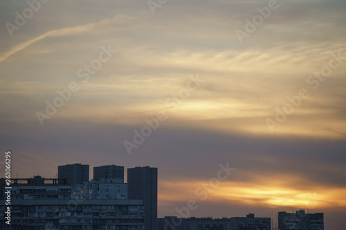 Yellow sunset over the Moscow. Back lit sunlight