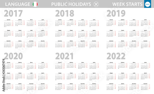 Calendar in Italian language for year 2017, 2018, 2019, 2020, 2021, 2022. Week starts from Monday.