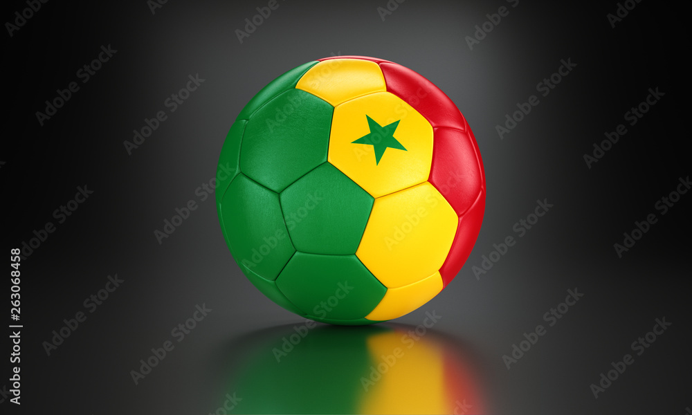 Football 3d concept. Ball with national flag of Senegal in the black metallic studio. Football 3d concept. Ball with national flag of Senegal in the black metallic studio.