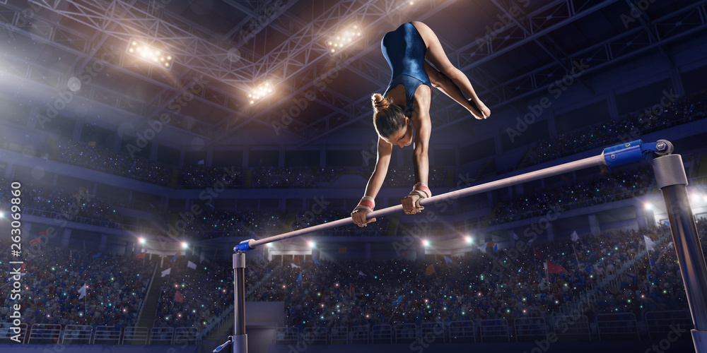 Female athlete doing a complicated exciting trick on horizontal ...