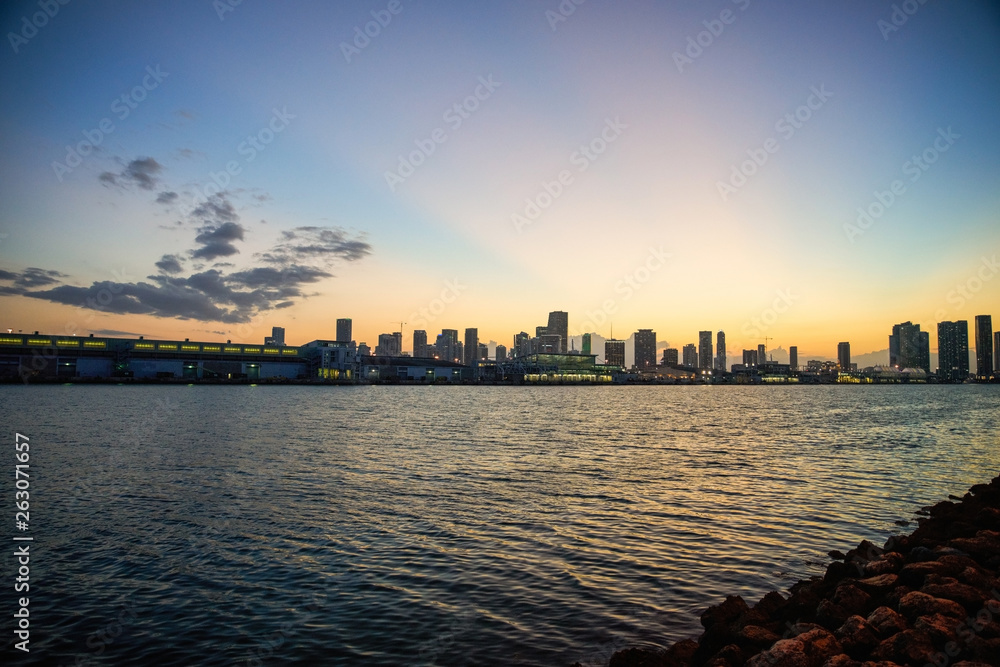 Government Cut Miami with view of Downtown at sunset