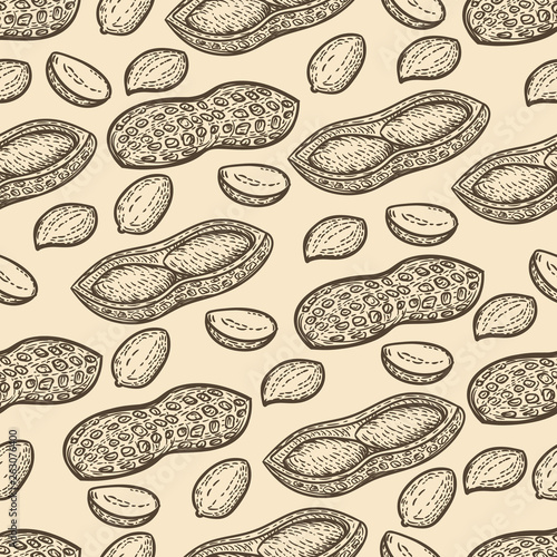 Seamless pattern of peanuts in the engraving style.