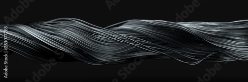 Print op canvas twisting steel wires. flowing metal rods on air. 3d illustration