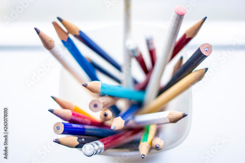 Close up image of the varieties in disarrange color pencil