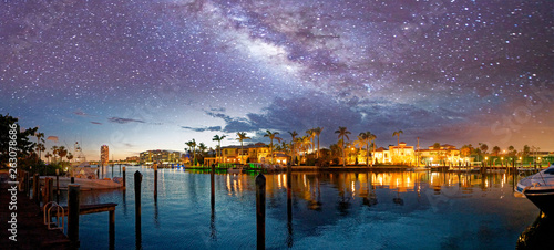 Boca Raton skyline and reflections on a starry night, Florida