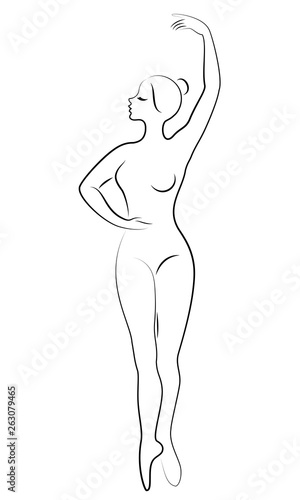 The silhouette of a cute lady, she is a dancing ballet circling fouette. The woman has a beautiful slim figure. Woman ballerina. Vector illustration.