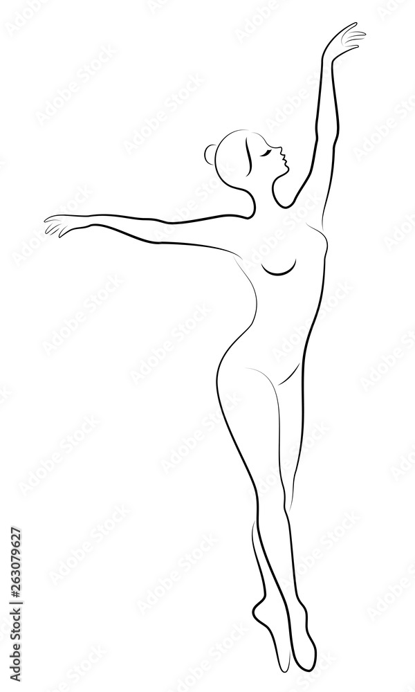 Fototapeta The silhouette of a cute lady, she is a dancing ballet circling fouette. The woman has a beautiful slim figure. Woman ballerina. Vector illustration.