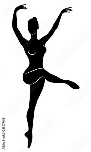 The silhouette of a cute lady, she is a dancing ballet circling fouette. The woman has a beautiful slim figure. Woman ballerina. Vector illustration. © Nataliia
