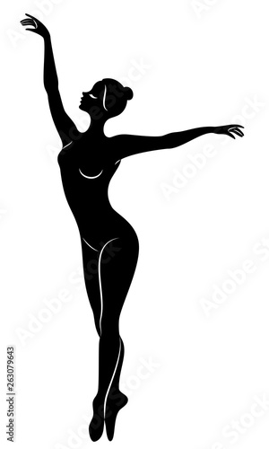 The silhouette of a cute lady, she is a dancing ballet circling fouette. The woman has a beautiful slim figure. Woman ballerina. Vector illustration.