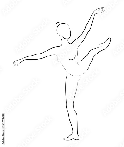 The silhouette of a cute lady, she is a dancing ballet circling fouette. The woman has a beautiful slim figure. Woman ballerina. Vector illustration.