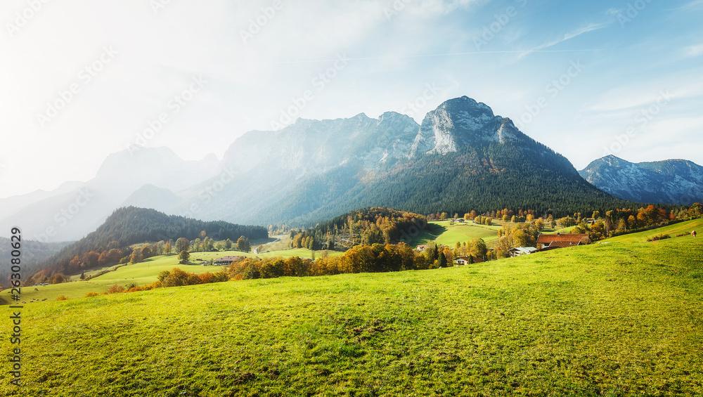 Awesome alpine highlands in sunny day. unsurpassed summer landscape in Austrian Alps under sunlit. Impressive Athmospheric Scene during sunset in mountains with perfect alpine meadow on Foreground