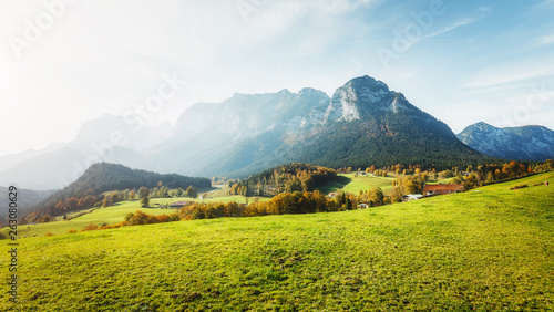 Awesome alpine highlands in sunny day. unsurpassed summer landscape in Austrian Alps under sunlit. Impressive Athmospheric Scene during sunset in mountains with perfect alpine meadow on Foreground