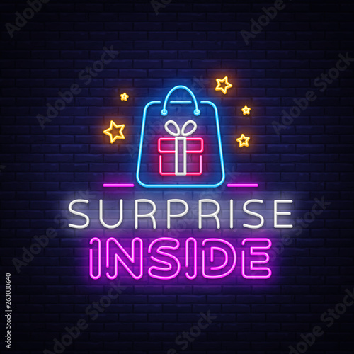 Surprise neon sign vector design template. Surprise Inside neon light banner design element colorful modern design trend, night bright advertising, bright sign. Vector illustration