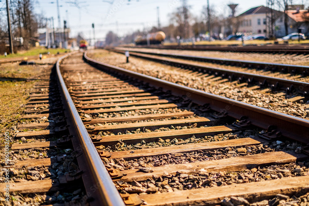 Wide track train tracks isolated with a blurred background Wide track train tracks isolated with a blurred background