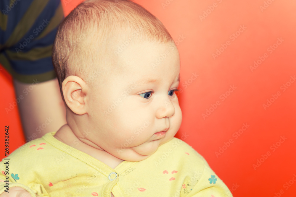 portrait of a newborn baby on a red background in the studio