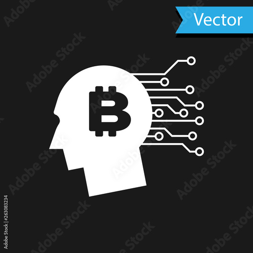 White Bitcoin think icon isolated on black background. Cryptocurrency head. Blockchain technology, bitcoin, digital money market, cryptocoin wallet. Vector Illustration