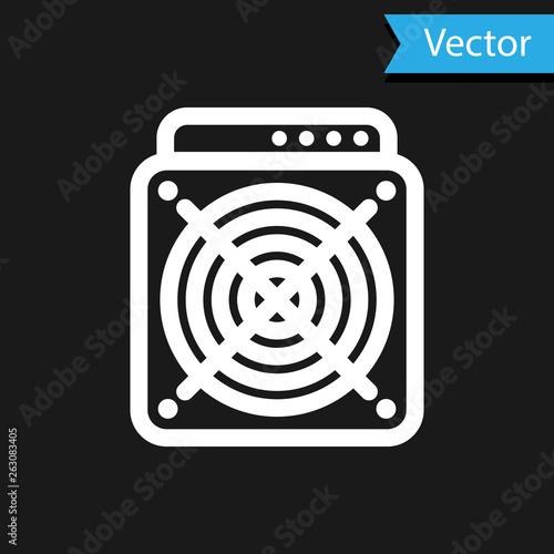 White ASIC Miner icon isolated on black background. Cryptocurrency mining equipment and hardware. Application specific integrated circuit. Vector Illustration