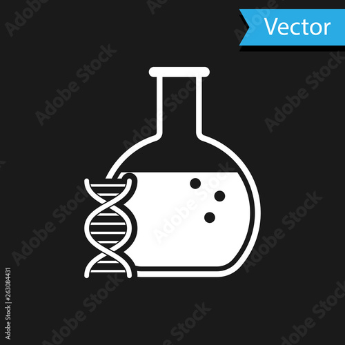 White DNA research, search icon isolated on black background. Genetic engineering, genetics testing, cloning, paternity testing. Vector Illustration
