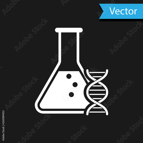 White DNA research, search icon isolated on black background. Genetic engineering, genetics testing, cloning, paternity testing. Vector Illustration