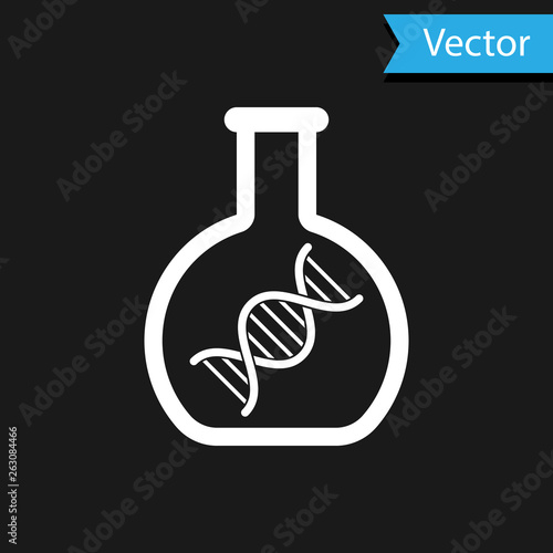 White DNA research, search icon isolated on black background. Genetic engineering, genetics testing, cloning, paternity testing. Vector Illustration