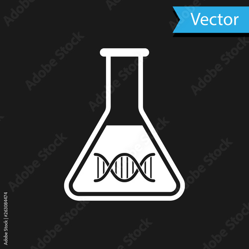 White DNA research, search icon isolated on black background. Genetic engineering, genetics testing, cloning, paternity testing. Vector Illustration