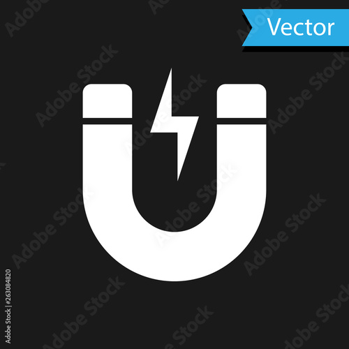 White Magnet with lightning icon isolated on black background. Horseshoe magnet, magnetism, magnetize, attraction sign. Vector Illustration