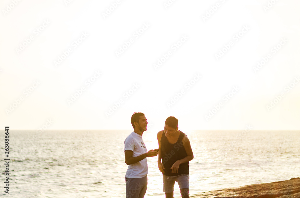 Two men using Smart phones at the edge of the sea, Couple Chatting online, Vacation, Sea Summer, Traveling