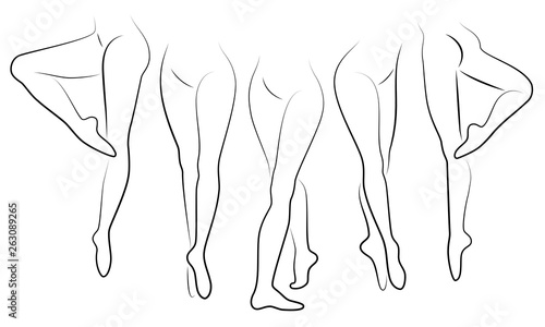 Collection. Silhouette of beautiful slender female legs. Duvushka is a ballerina, a lady is dancing, standing, making ballet figures. Vector illustration set