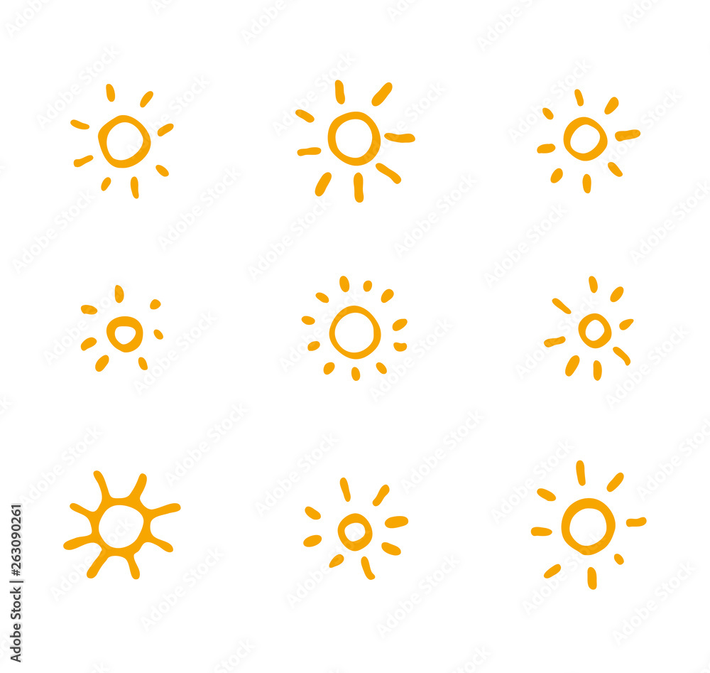 Hand Drawn Solar Symbols Line Art. Nine painted sun symbols. Vector set of solar icons. Hand Drawn Solar Symbols Line Art. Nine painted sun symbols. Vector set of solar icons.