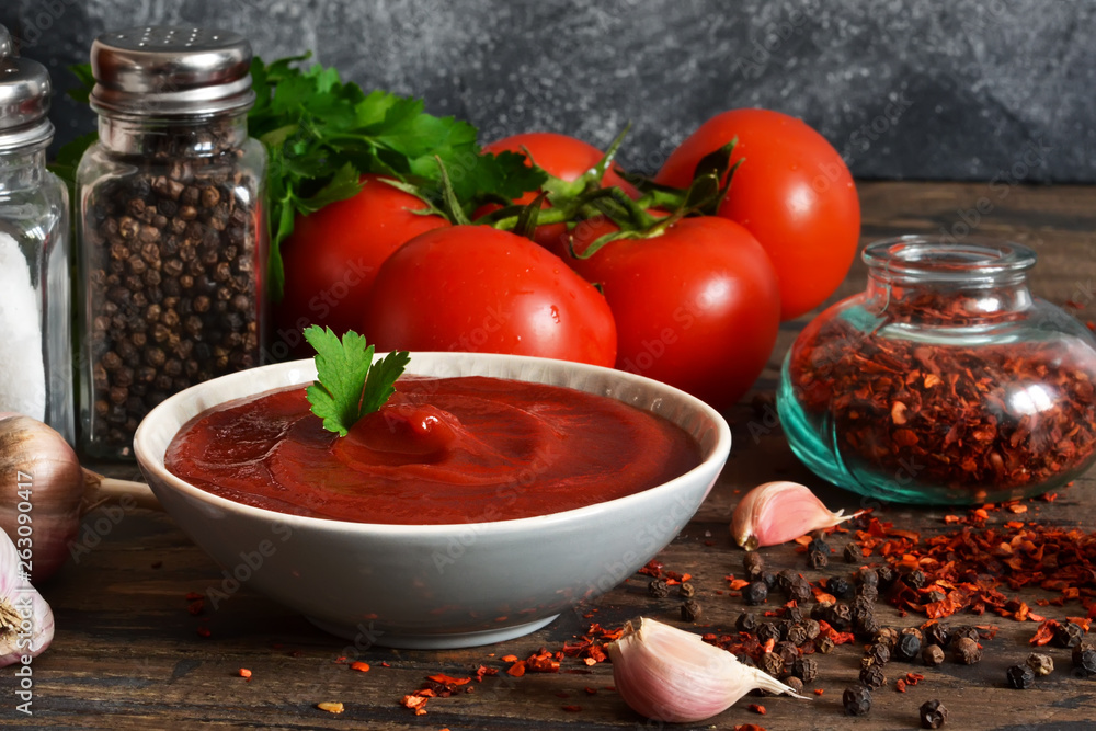 Tomato ketchup sauce with spices and pepper Tomato ketchup sauce with spices and pepper